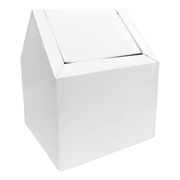 A white metal double-entry floor sanitary napkin receptacle with a concealed plastic waste bin.
