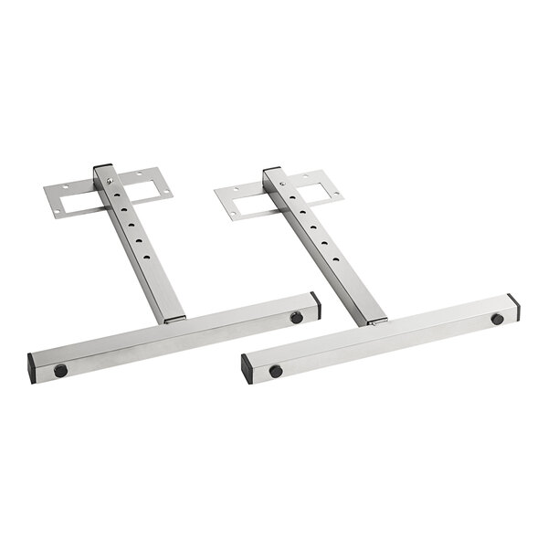 A pair of stainless steel T-style legs with adjustable brackets.