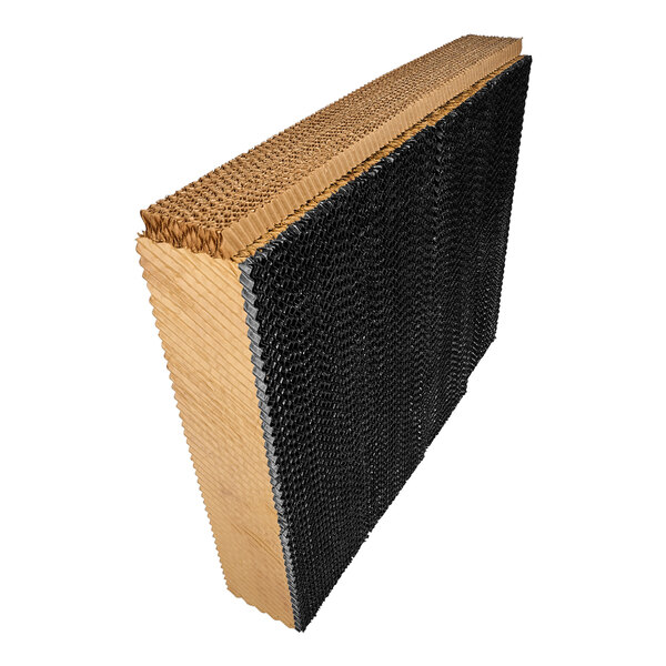 A black and brown rectangular air filter with mesh.