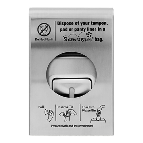 A stainless steel container with a circular hole for sanitary disposal bags.