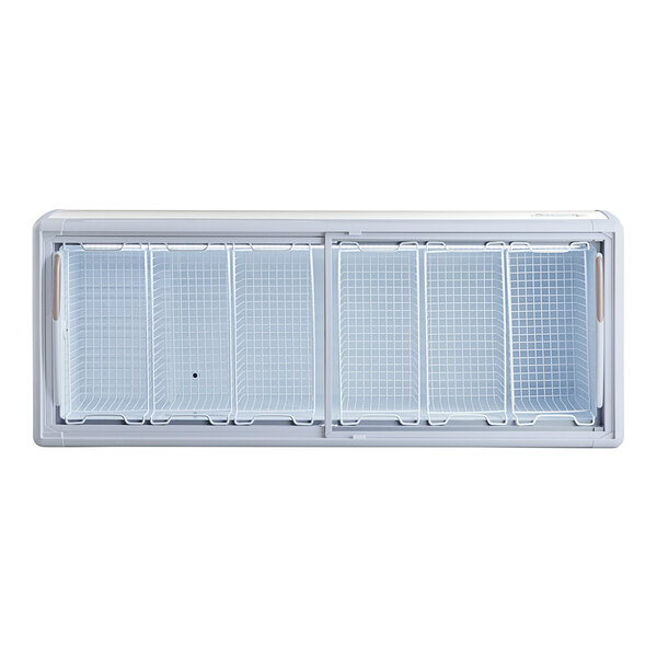 An Avantco white flat top display ice cream freezer with wire mesh doors.