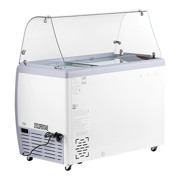 An Avantco white gelato dipping cabinet with a clear glass top.