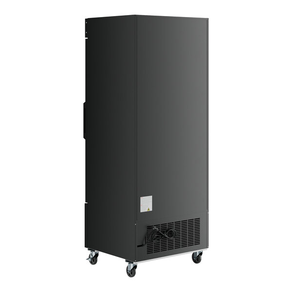 A black rectangular Avantco merchandiser refrigerator with wheels.