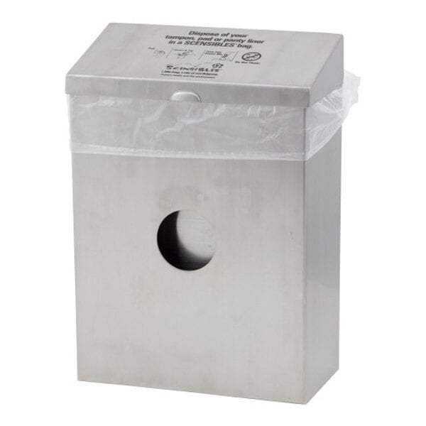 A stainless steel surface-mounted dual access sanitary napkin receptacle and disposal bag dispenser.