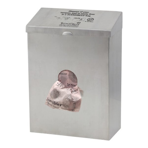 A stainless steel surface-mounted dual access sanitary napkin receptacle and disposal bag dispenser.