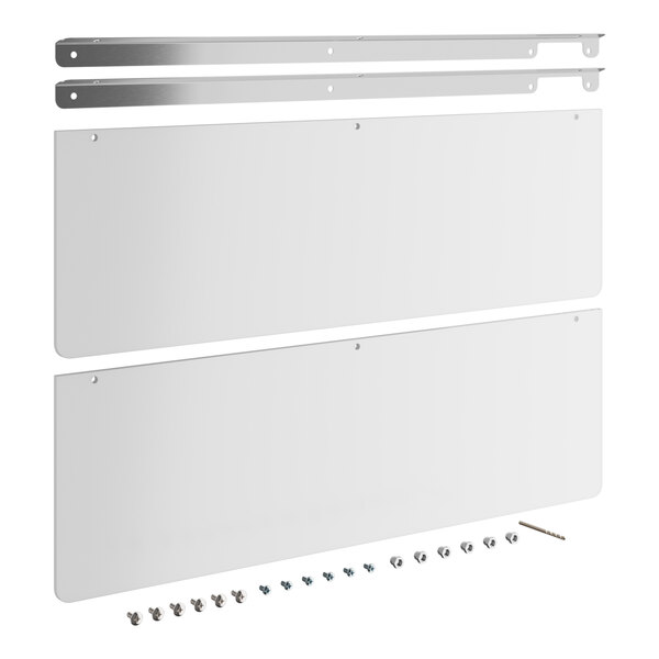 A white rectangular sneeze guard with screws.