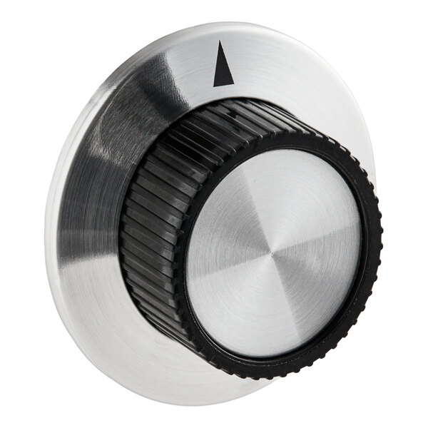 A round stainless steel knob with a black and black knob with a black arrow.