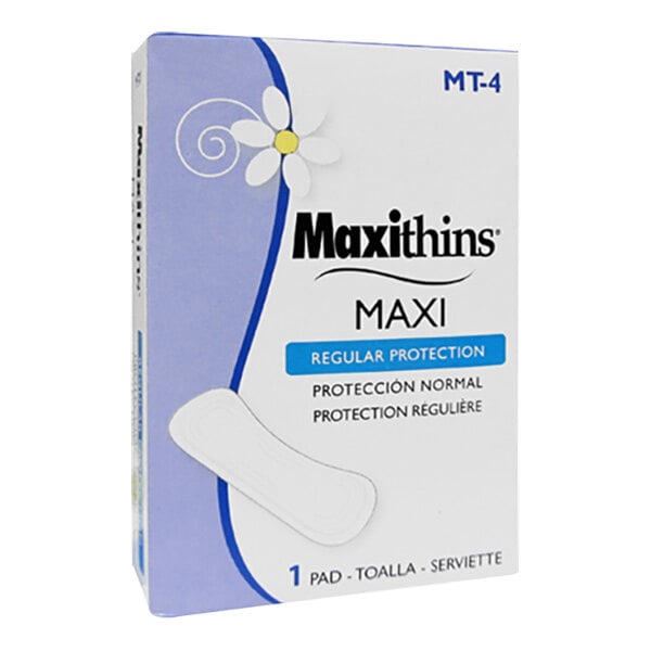 A white and yellow box of 12 Hospeco Maxithins Maxi #4 Menstrual Pads.