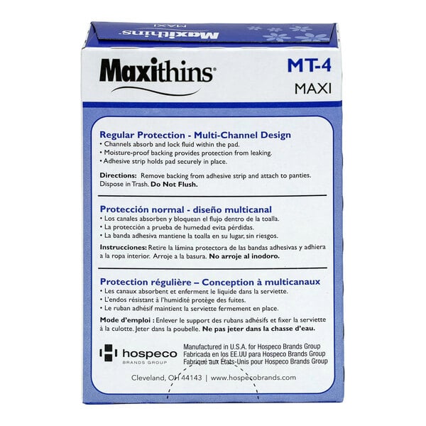 A box of Hospeco Maxithins Maxi #4 regular menstrual pads for feminine hygiene dispensers.