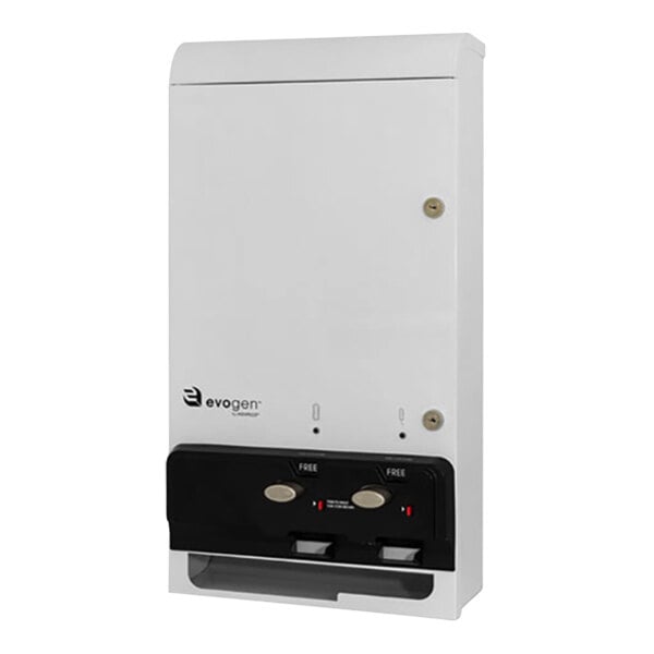 A white metal surface-mounted Hospeco Evogen sanitary napkin/tampon dispenser with black and white buttons.
