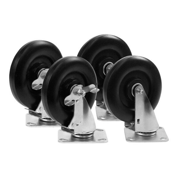 A group of black Portacool caster wheels.