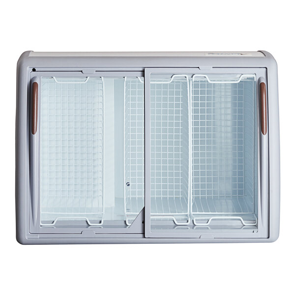 An Avantco curved top ice cream freezer with custom vinyl and mesh doors.