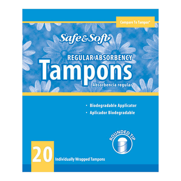 A blue and yellow Hospeco card with white text and a blue and white logo for Safe n Soft Unscented Tampons.