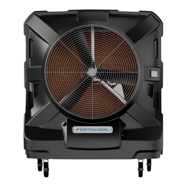 A black box with a large round fan on wheels with a metal grill.