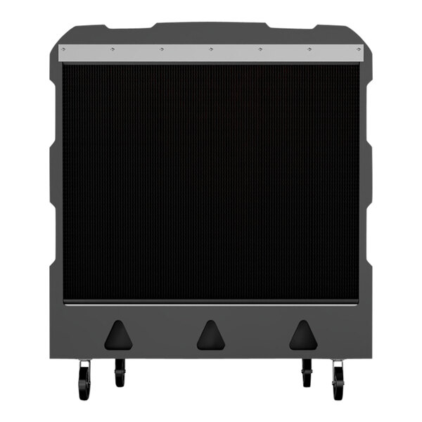 A black square Portacool evaporative cooler with wheels.