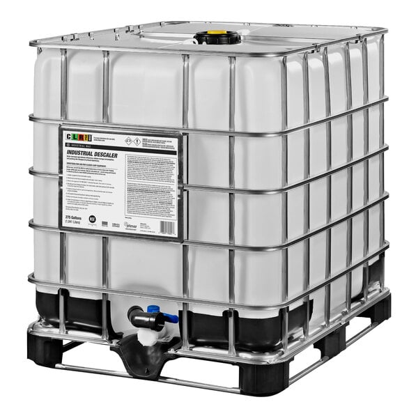 A white CLR Pro Max Industrial Descaler container with a black lid and metal bars.