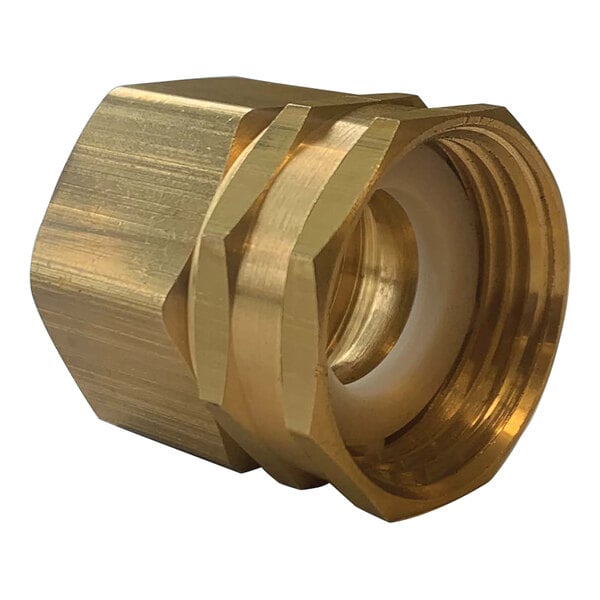 A Portacool brass swivel hose adapter with a white ring.