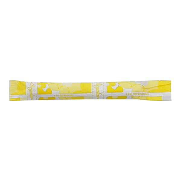 A yellow and white paper wrapper with a white label and a yellow and white square.