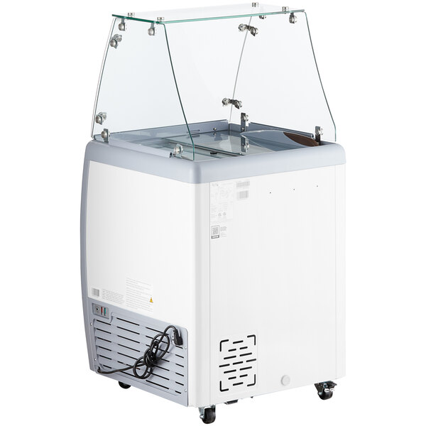 An Avantco white and grey rectangular ice cream dipping cabinet with a clear glass top.