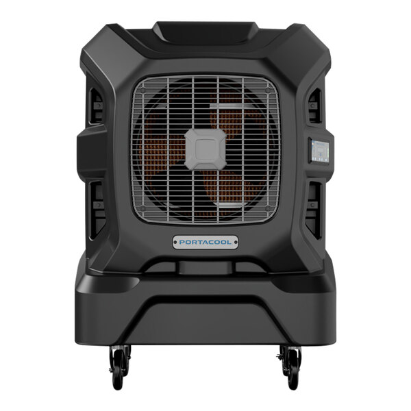 A black Portacool Apex 1200 portable evaporative cooler with a metal grid and wheels.