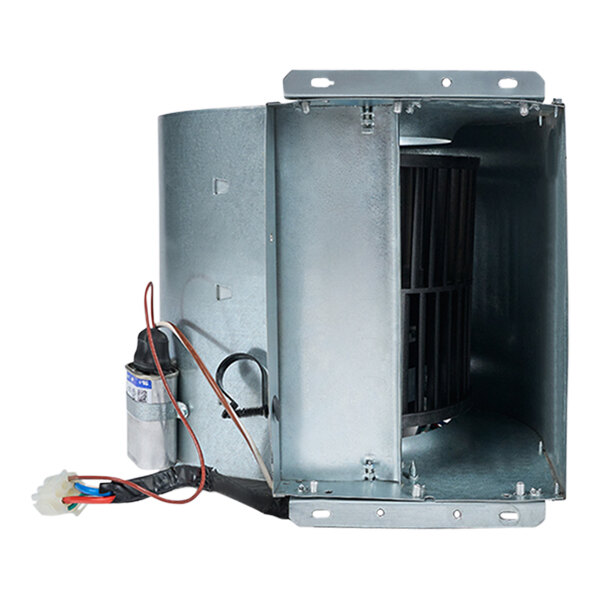 A metal box with a Portacool fan and motor assembly and wires.