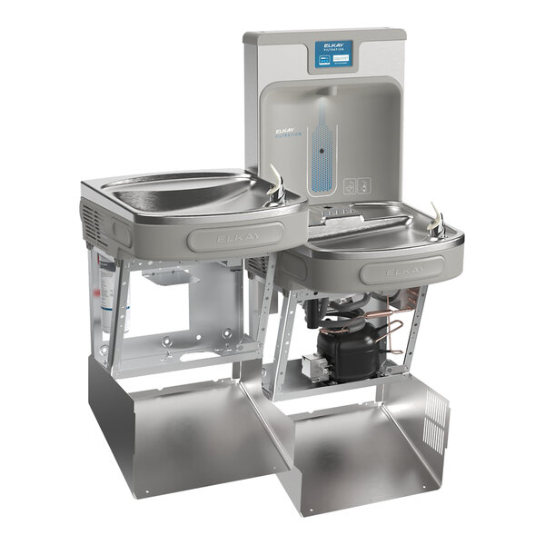 A stainless steel bi-level drinking fountain and bottle filling station with hands-free operation and smart connectivity features.
