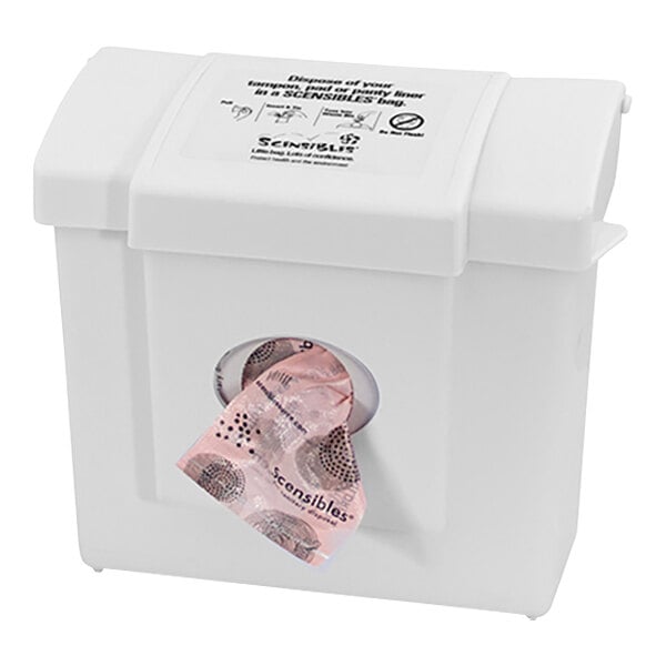 A white plastic Hospeco sanitary napkin receptacle with a pink paper dispenser inside.