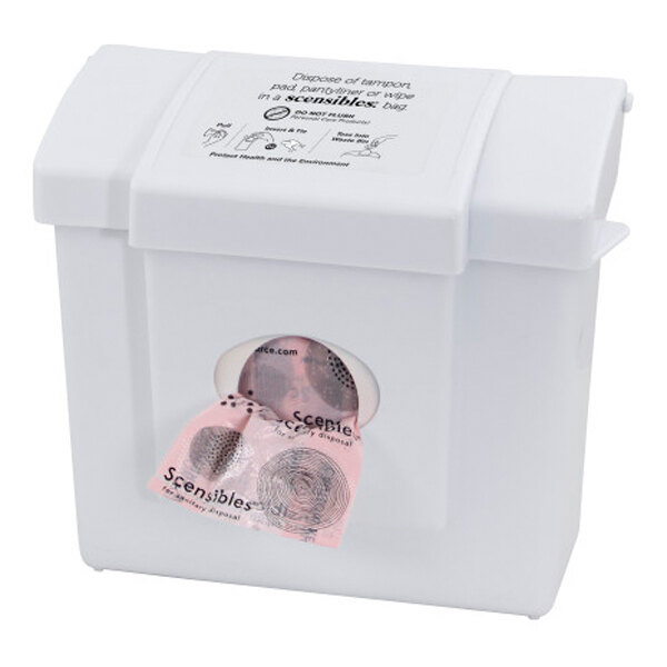 A white plastic surface-mounted dual access sanitary napkin receptacle and disposal bag dispenser.