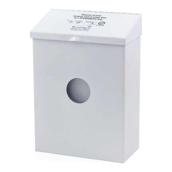 A white metal surface-mounted dual access sanitary napkin receptacle and disposal bag dispenser with a circular opening on the front.