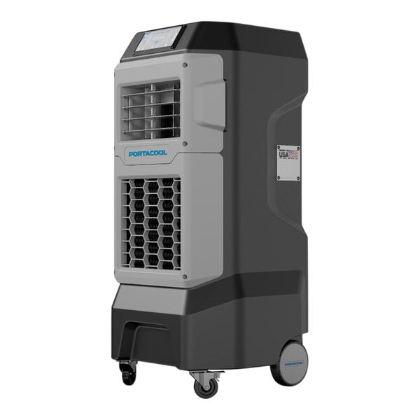 A black and grey Portacool Apex 500 portable evaporative cooler with wheels.