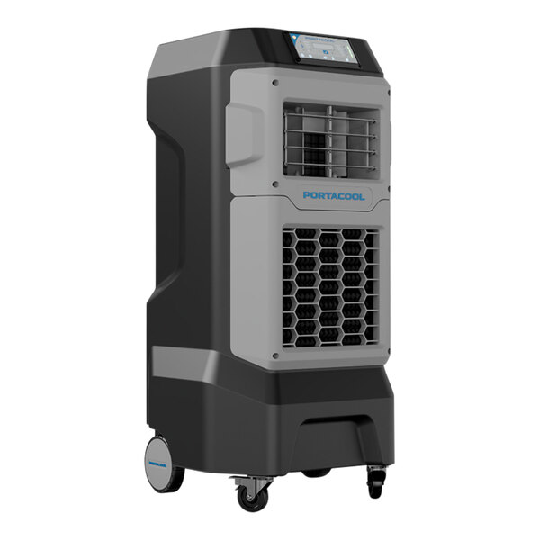 A black and grey Portacool Apex 500 portable evaporative cooler with wheels.