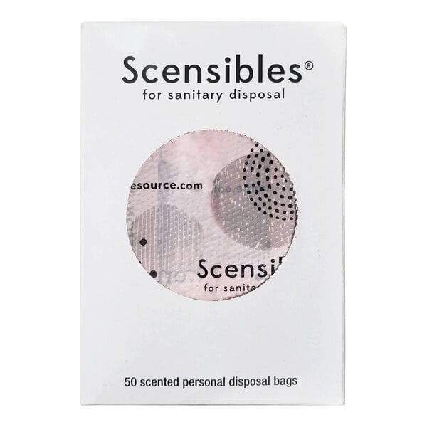 A box of Hospeco Scensibles scented sanitary napkin disposable bags containing 50 bags.