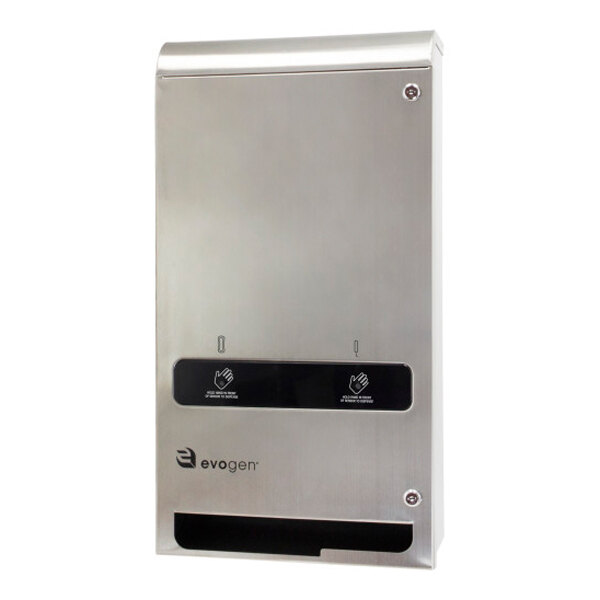 A stainless steel, surface-mounted, no-touch sanitary napkin and tampon dispenser.