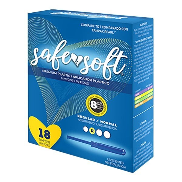 A blue box with white and yellow text containing 18 Hospeco Safe n Soft unscented tampons with a blue plastic applicator.