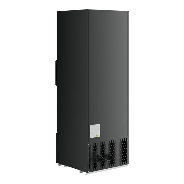 An Avantco black rectangular merchandiser refrigerator with a white label.