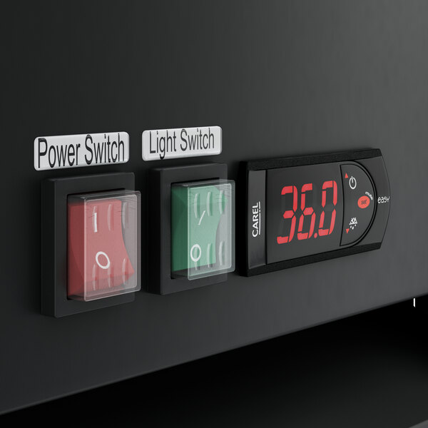 A close-up of a red digital display with white numbers on an Avantco GDC-10-LH merchandiser refrigerator.