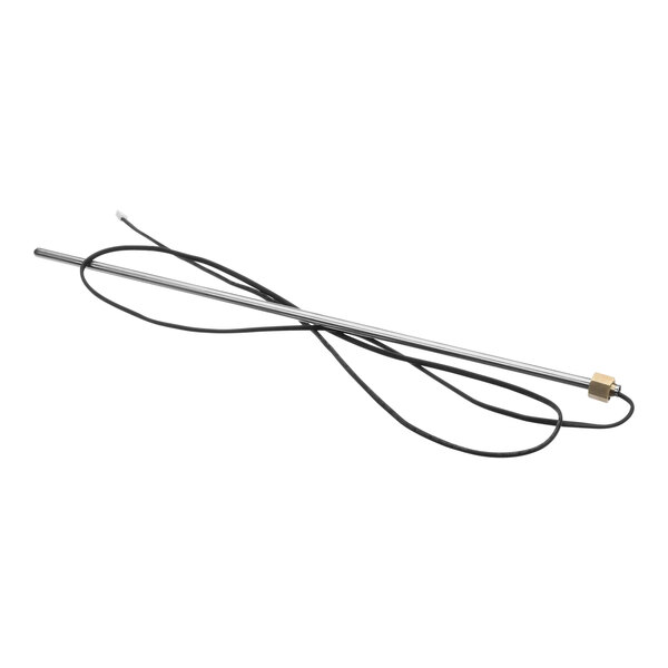 A close-up of a metal rod with a black cord.