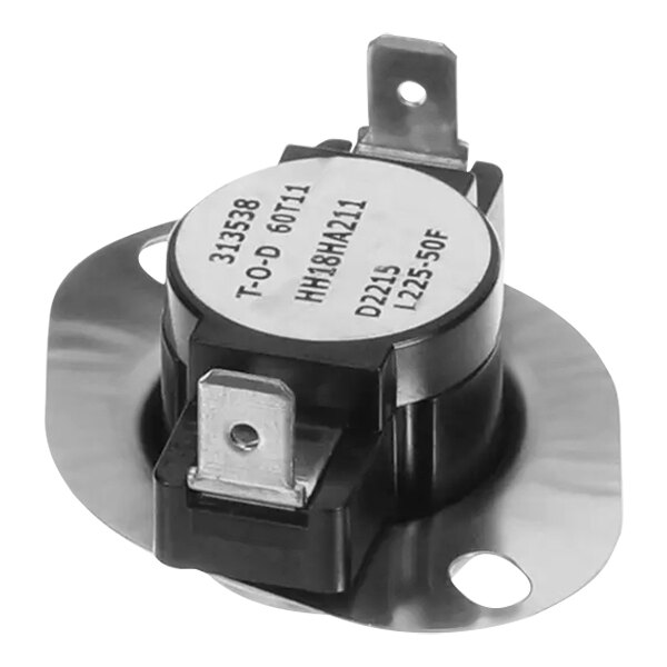 A close-up of a black and white Carrier limit switch with a round metal disc.