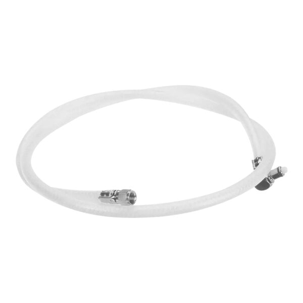 A white plastic hose with black metal connectors.