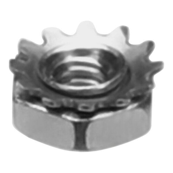 A Bunn Keps nut with a metal ring on top.