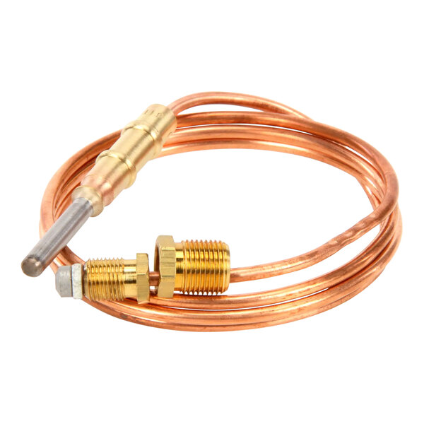 A copper thermocouple with brass connectors.