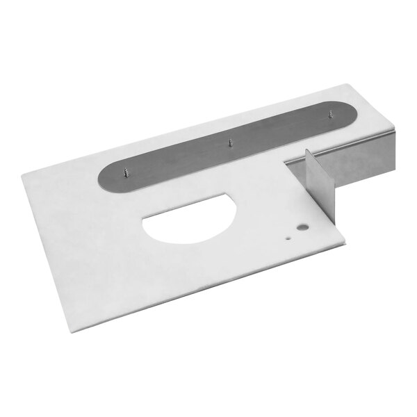 A white rectangular metal bracket with a metal strip.