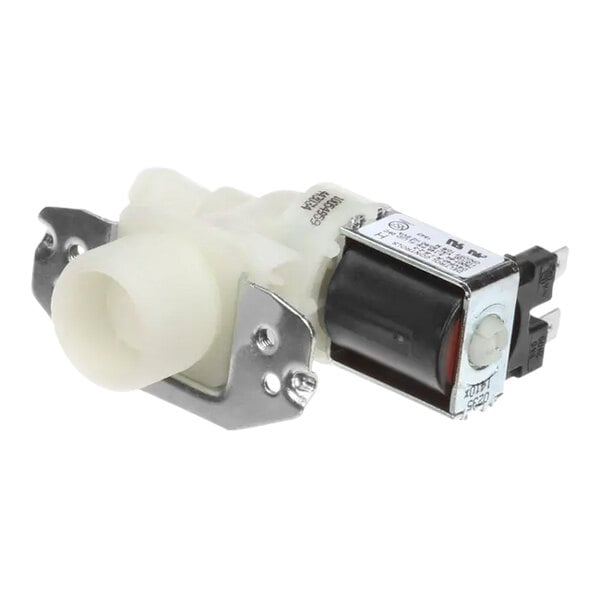 A white and black plastic Bunn valve with a small motor.