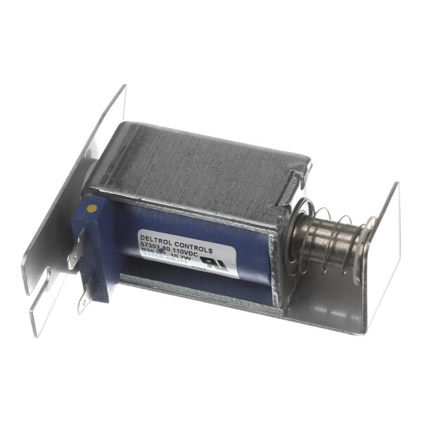 A small metal device with a blue and silver cap.