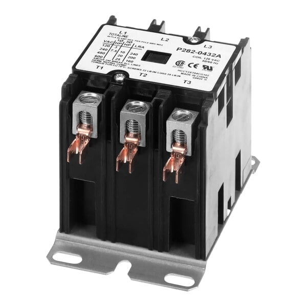 A Carrier P282-0432A contactor with black and silver electrical components.