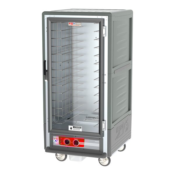 A grey Metro C5 heated holding cabinet with a clear door.