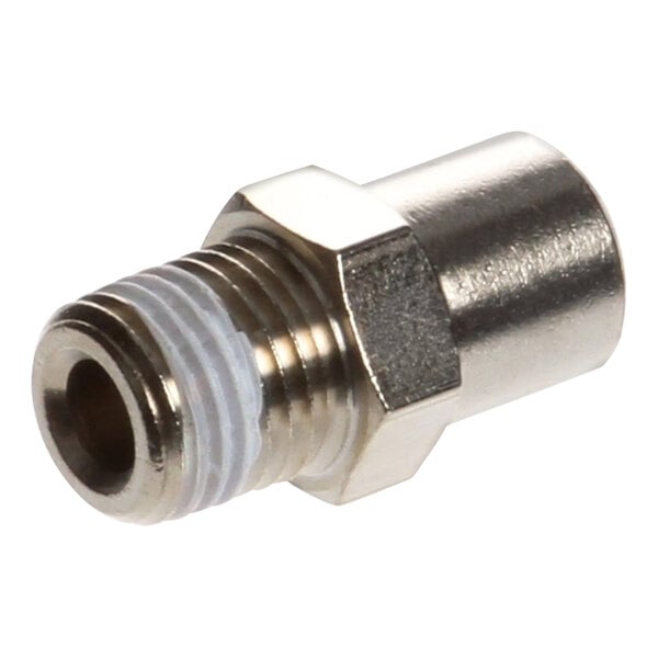A stainless steel threaded male connector.