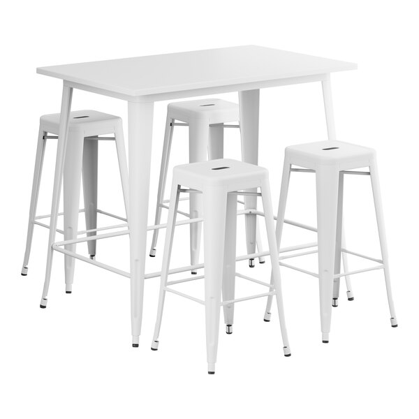 A Lancaster Table & Seating white bar height table with four white stools.