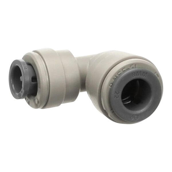 A grey plastic elbow with two round openings.