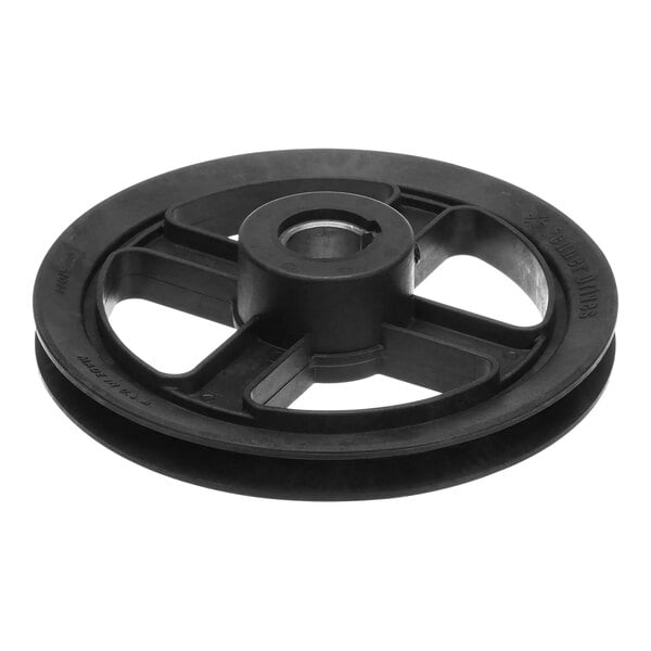 A black plastic pulley wheel with a hole in it.